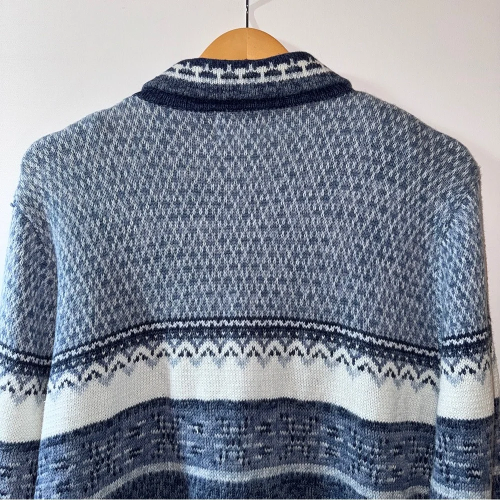 Vintage Fair Isle Full Zip Cardigan Sweater Snowflake Beaded Blue Ramie Medium